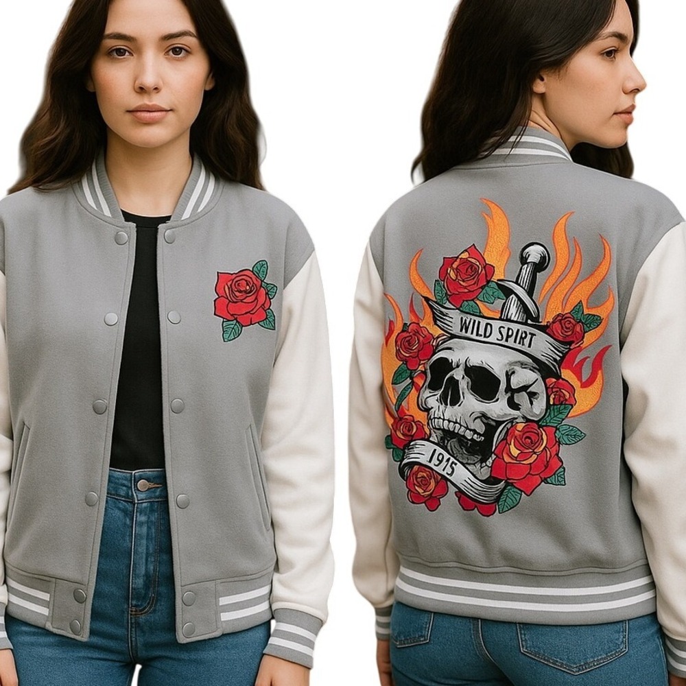 Birch & Stone varsity letterman style jacket gray‎ white medium pockets lined